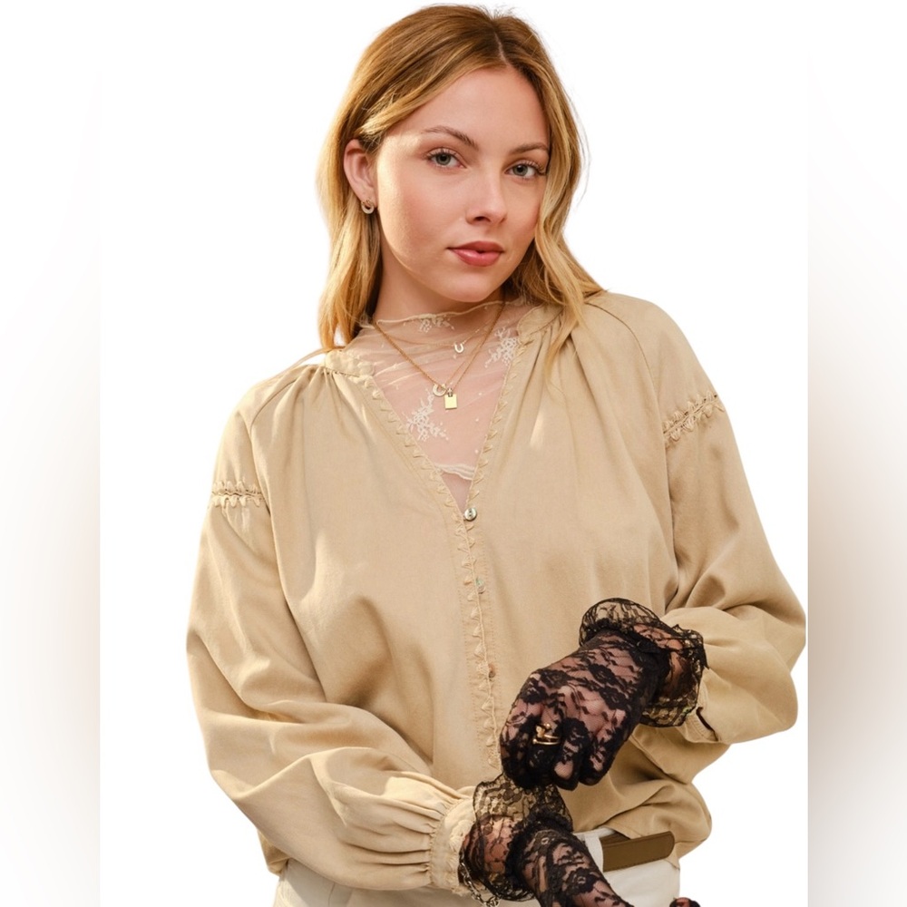 NEW blue b Tan Tonal Stitch Chambray Western Cowboy Retro Button Up Shirt Blouse - Picture 2 of 7